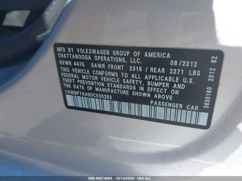 2013 Volkswagen Passat 2.5L Se VIN: 1VWBP7A30DC030252 Lot: 40574093