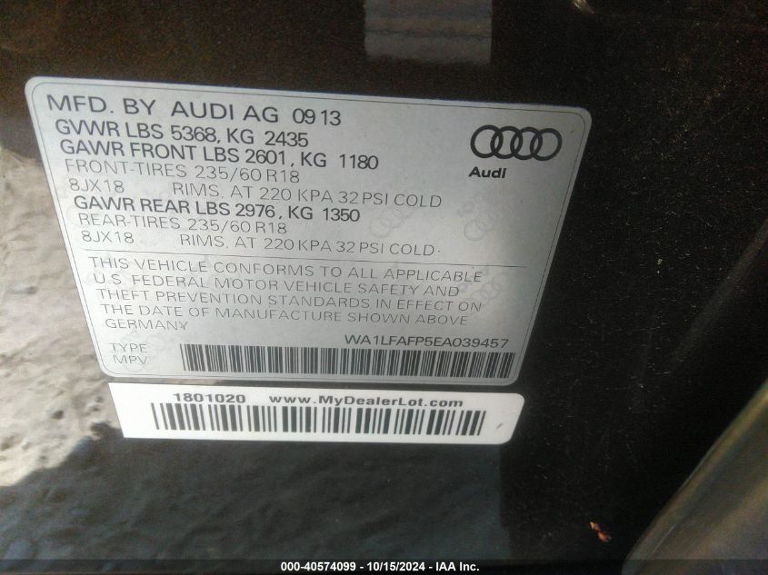 2014 Audi Q5 Premium Plus VIN: WA1LFAFP5EA039457 Lot: 40574099