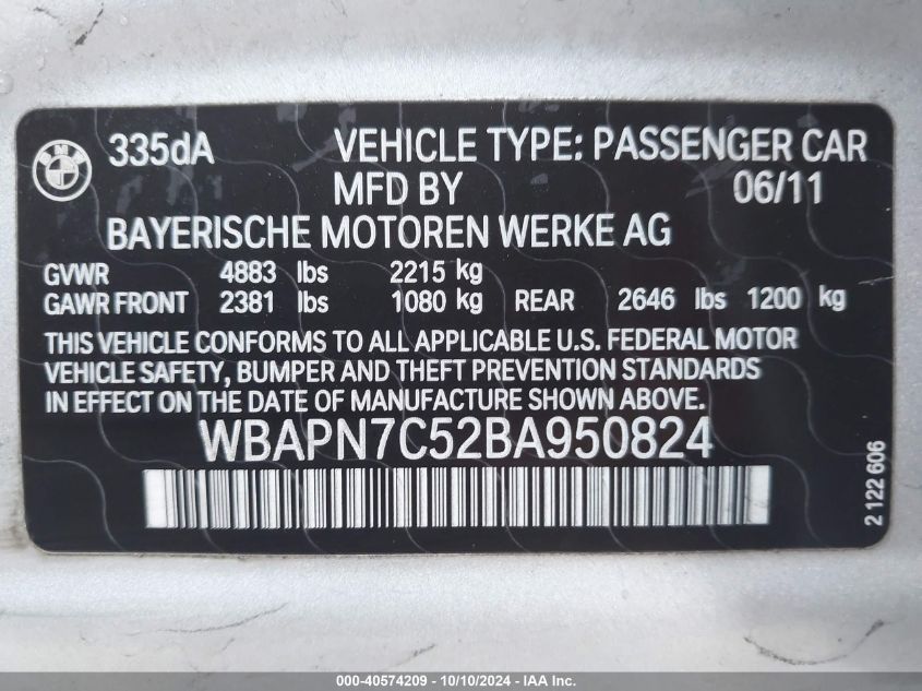 WBAPN7C52BA950824 2011 BMW 335D