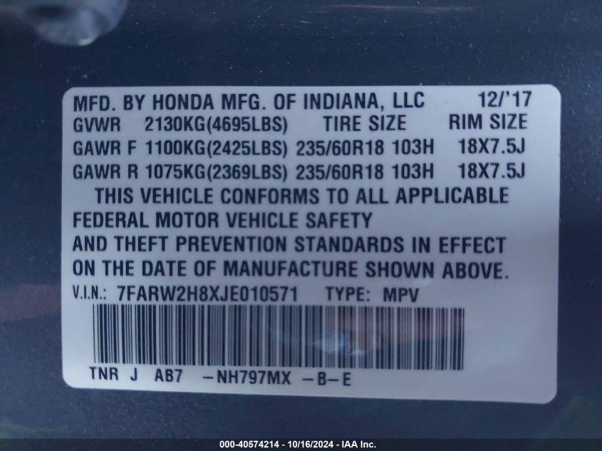 2018 Honda Cr-V Ex-L/Ex-L Navi VIN: 7FARW2H8XJE010571 Lot: 40574214