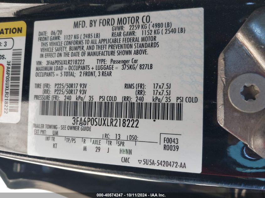 2020 Ford Fusion Titanium VIN: 3FA6P0SUXLR218222 Lot: 40574247