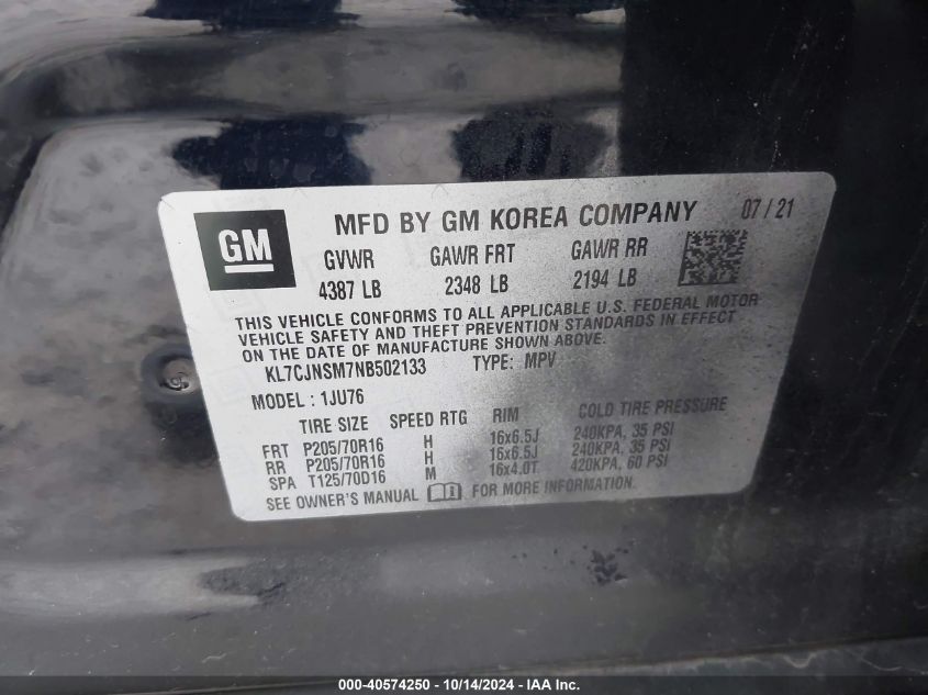 2022 Chevrolet Trax Ls VIN: KL7CJNSM7NB502133 Lot: 40574250