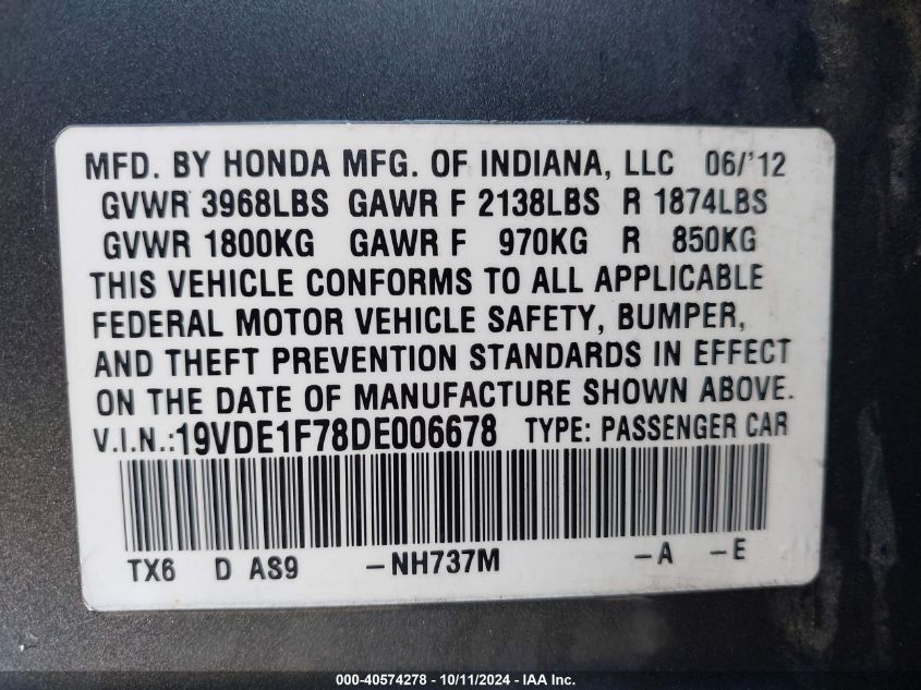 2013 Acura Ilx 2.0L VIN: 19VDE1F78DE006678 Lot: 40574278