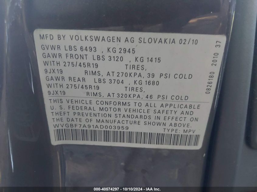 WVGBF7A91AD003959 2010 Volkswagen Touareg Vr6 Fsi