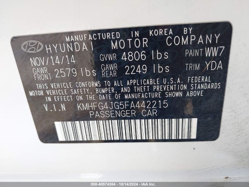 2015 Hyundai Azera VIN: KMHFG4JG5FA442215 Lot: 40574384