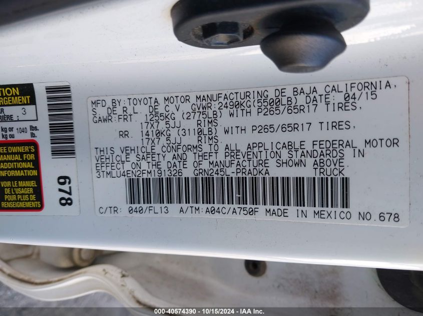 2015 Toyota Tacoma Base V6 VIN: 3TMLU4EN2FM191326 Lot: 40574390