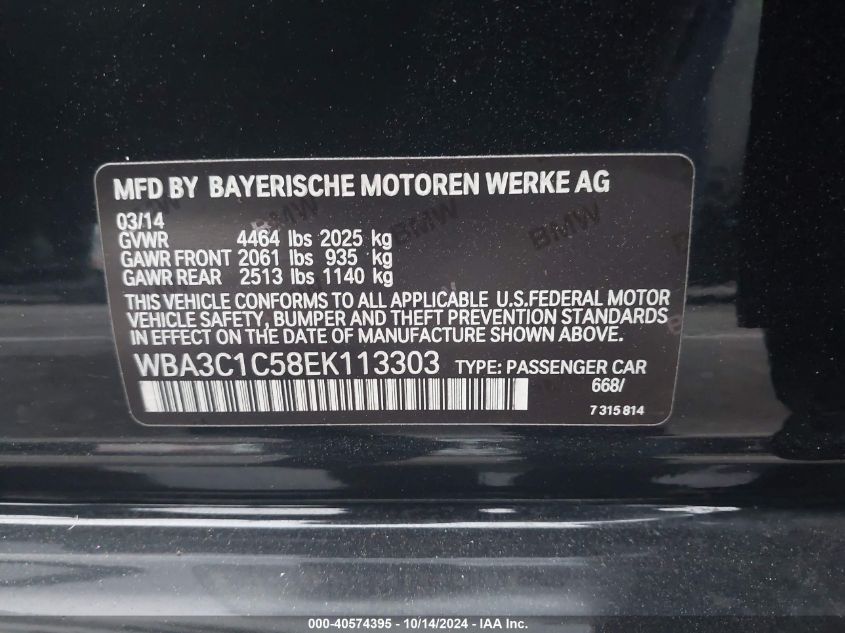 2014 BMW 328I I Sulev VIN: WBA3C1C58EK113303 Lot: 40574395