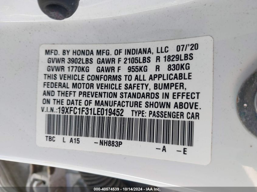 2020 Honda Civic Ex VIN: 19XFC1F31LE019452 Lot: 40574539
