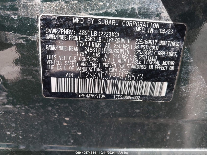 2023 SUBARU FORESTER 2.5L H-4 DI, DOHC, V(VIN: JF2SKADCXPH476573