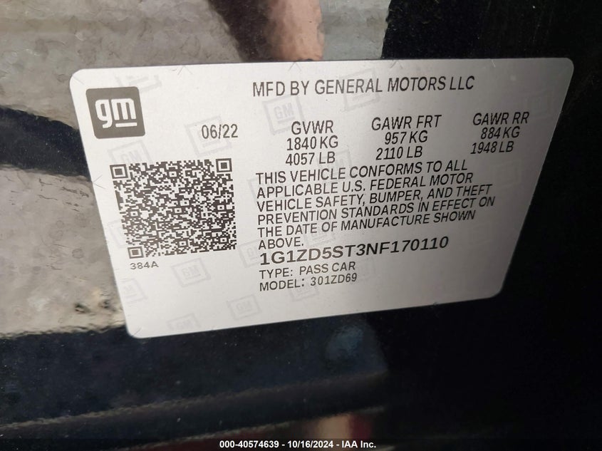 VIN 1G1ZD5ST3NF170110 2022 CHEVROLET MALIBU FWD LT