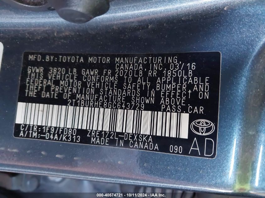 2T1BURHE8GC643729 2016 Toyota Corolla L/Le/Le Pls/Prm/S/S Pls