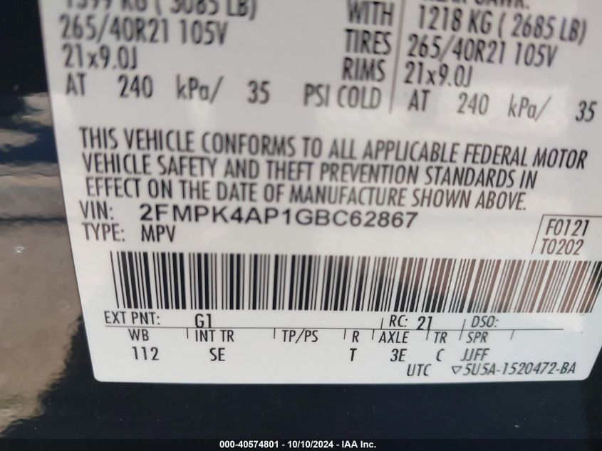 2FMPK4AP1GBC62867 2016 Ford Edge Sport