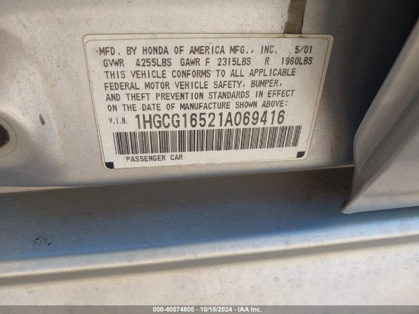 2001 Honda Accord 3.0 Ex VIN: 1HGCG16521A069416 Lot: 40574805