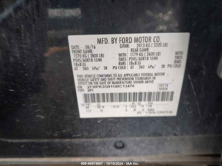 2FMPK3G91GBC13476 2016 Ford Edge Se