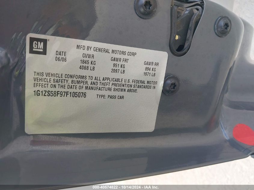 2007 Chevrolet Malibu Ls VIN: 1G1ZS58F97F105076 Lot: 40574822