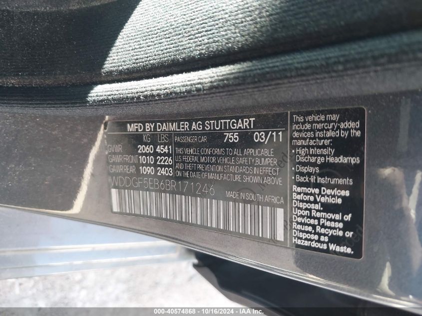 2011 Mercedes-Benz C 300 Luxury/Sport VIN: WDDGF5EB6BR171246 Lot: 40574868