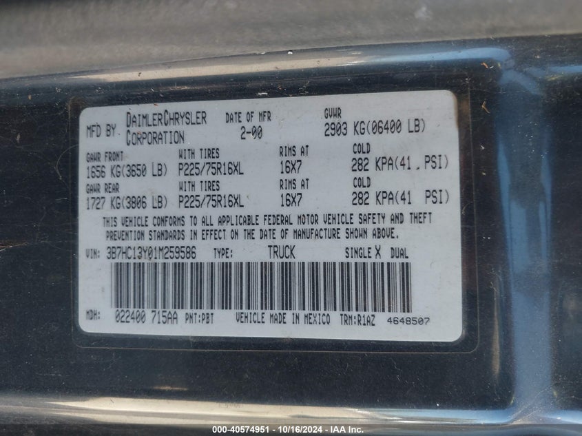 2001 Dodge Ram 1500 St VIN: 3B7HC13Y01M259586 Lot: 40574951