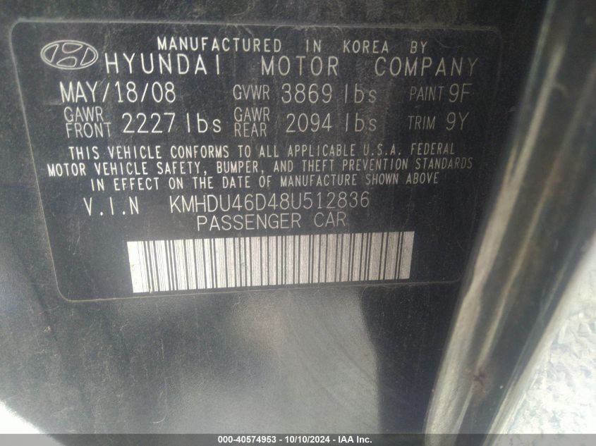 KMHDU46D48U512836 2008 Hyundai Elantra Gls/Se