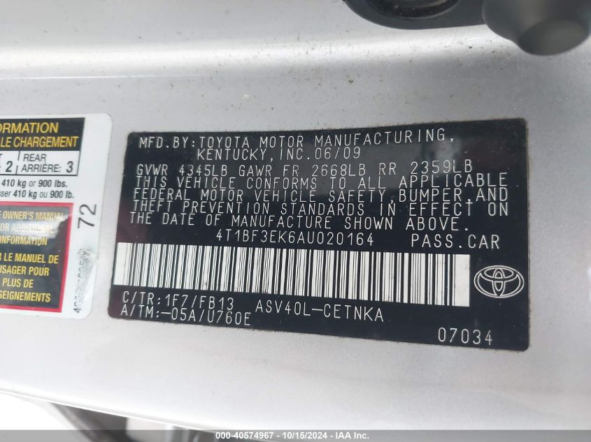 2010 Toyota Camry Le VIN: 4T1BF3EK6AU020164 Lot: 40574967