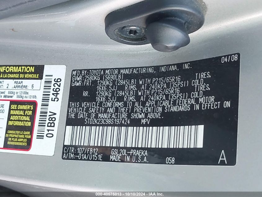 5TDZK23C98S197424 2008 Toyota Sienna Ce