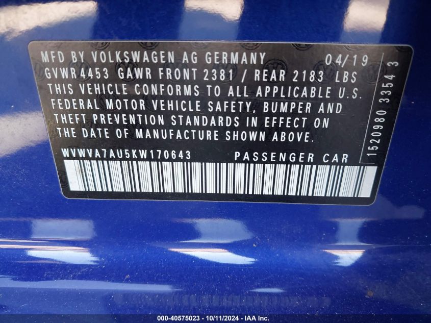 2019 Volkswagen Golf R 2.0T W/Dcc Navigation VIN: WVWVA7AU5KW170643 Lot: 40575023