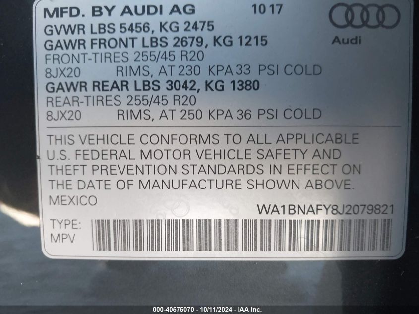 WA1BNAFY8J2079821 2018 Audi Q5 2.0T Premium/2.0T Tech Premium