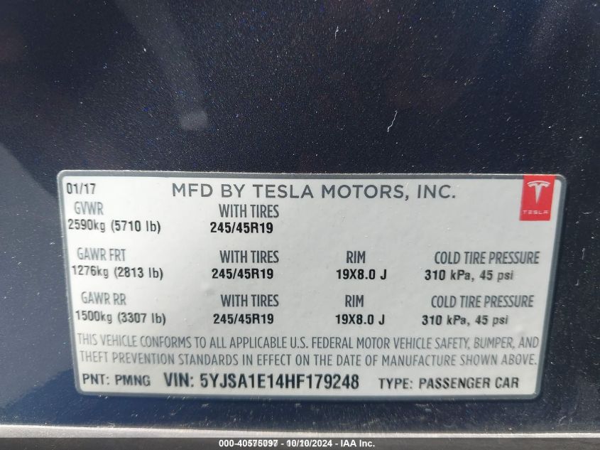 2017 Tesla Model S 60/75 VIN: 5YJSA1E14HF179248 Lot: 40575097