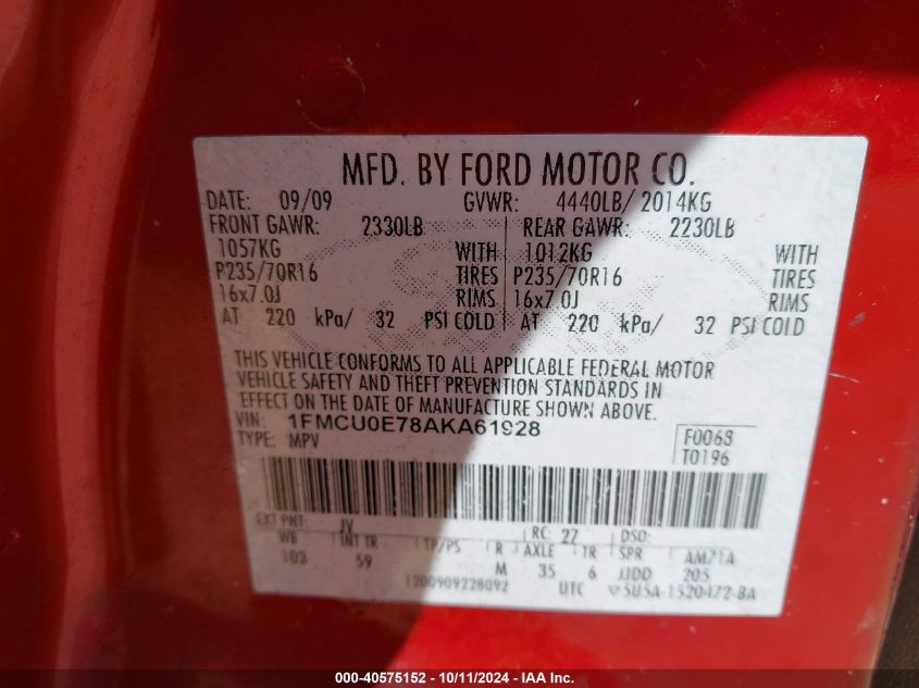 1FMCU0E78AKA61928 2010 Ford Escape Limited