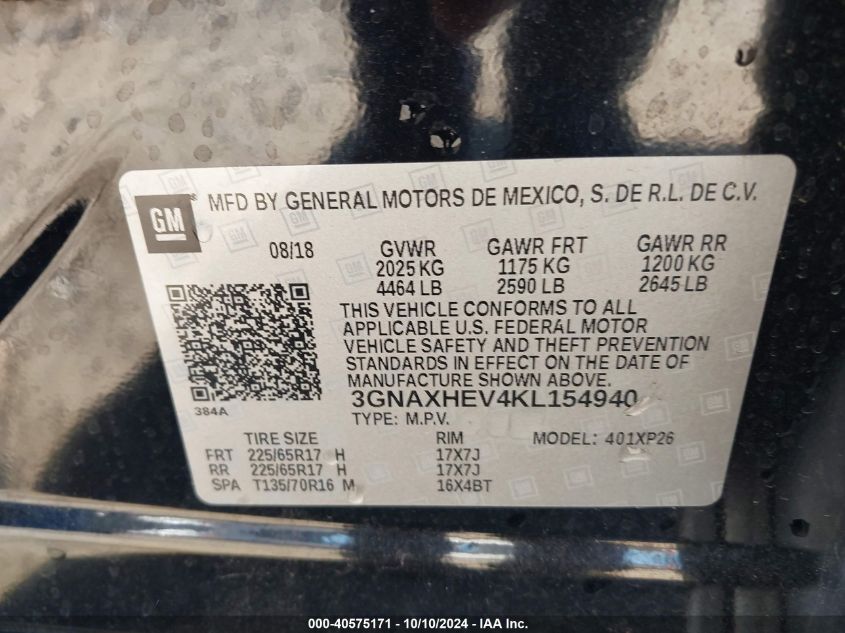 3GNAXHEV4KL154940 2019 Chevrolet Equinox Ls