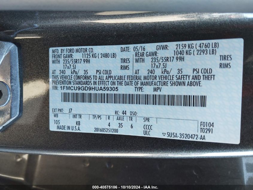 1FMCU9GD9HUA59305 2017 Ford Escape Se