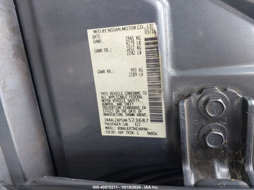 2010 Nissan Altima 2.5 S VIN: 1N4AL2AP5AN523687 Lot: 40575211