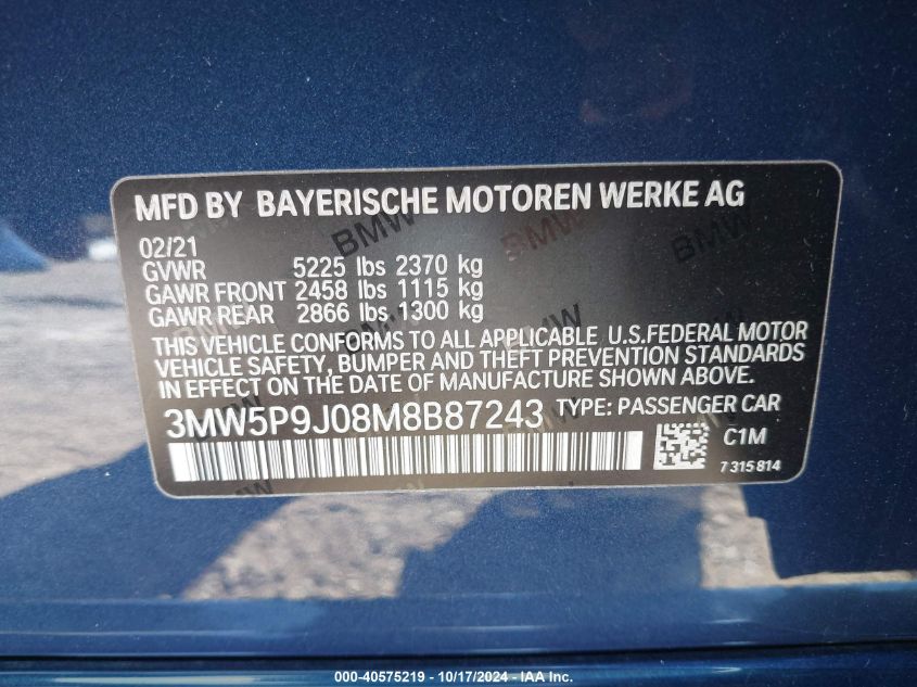 2021 BMW 3 Series 330E xDrive VIN: 3MW5P9J08M8B87243 Lot: 40575219