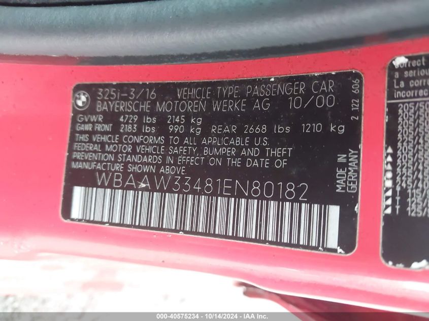 2001 BMW 325I VIN: WBAAW33481EN80182 Lot: 40575234