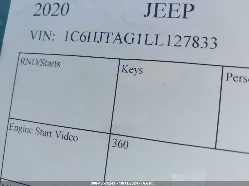 2020 Jeep Gladiator Sport S 4X4 VIN: 1C6HJTAG1LL127833 Lot: 40575241