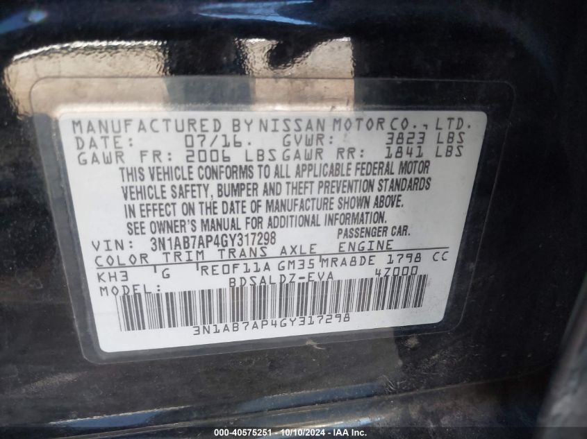 3N1AB7AP4GY317298 2016 Nissan Sentra Sv