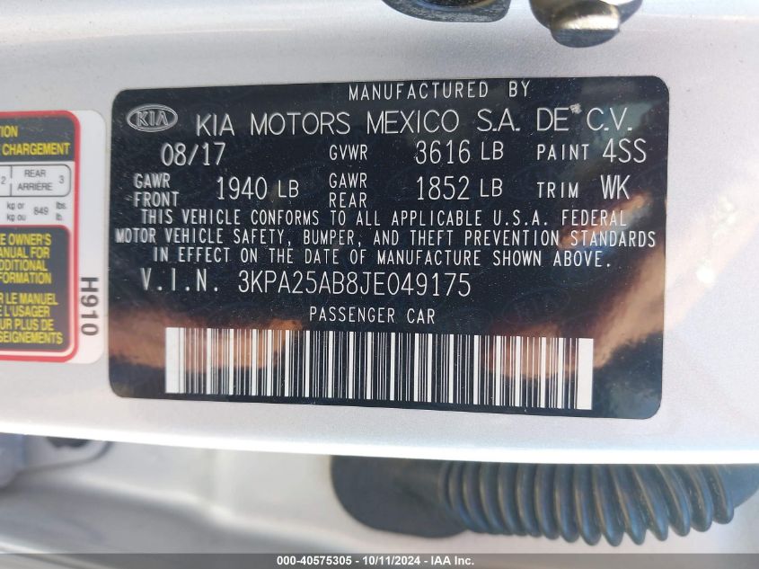 2018 Kia Rio S VIN: 3KPA25AB8JE049175 Lot: 40575305