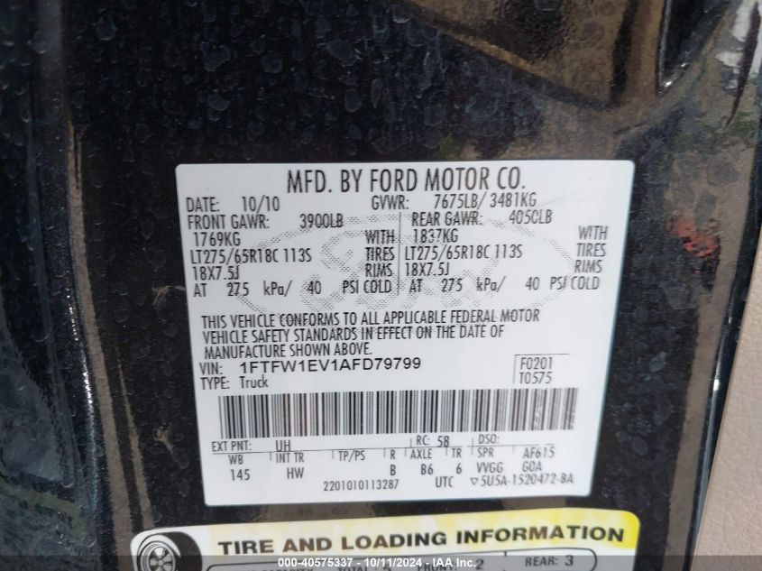 1FTFW1EV1AFD79799 2010 Ford F150 Supercrew