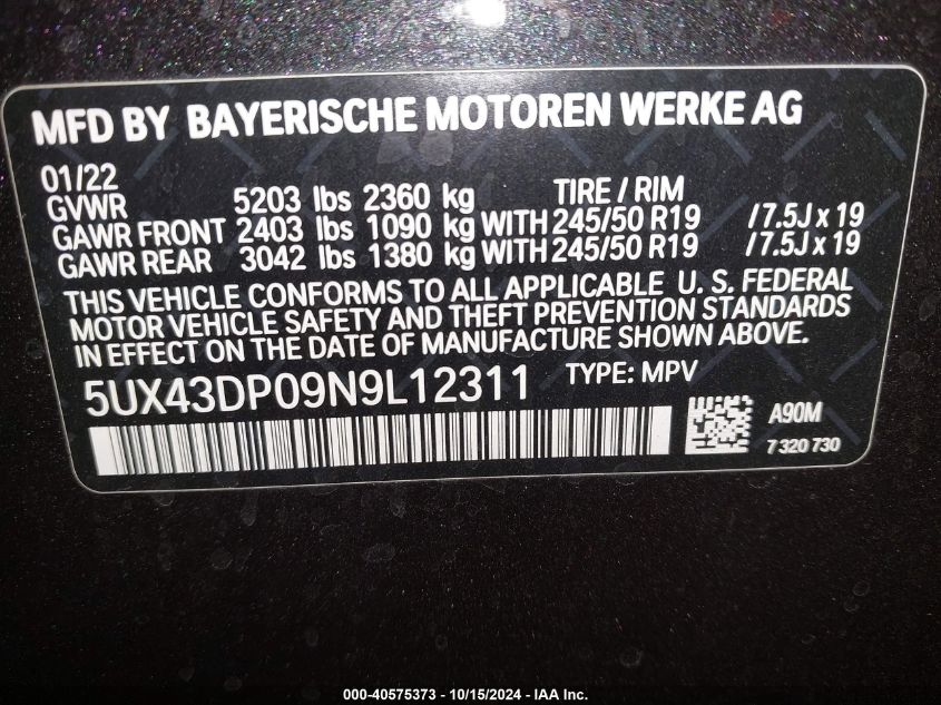 2022 BMW X3 Sdrive30I VIN: 5UX43DP09N9L12311 Lot: 40575373