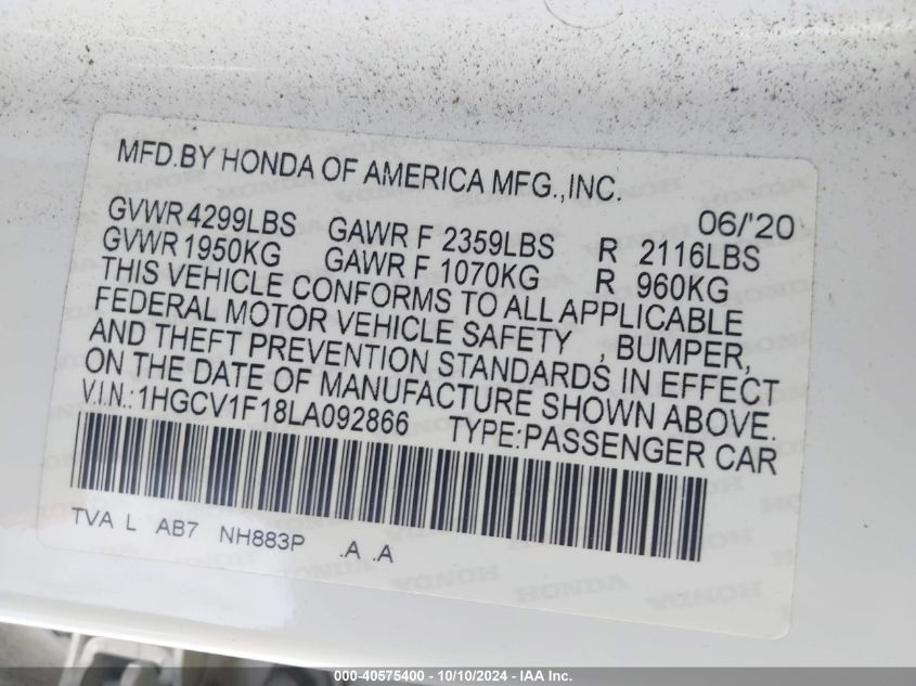 2020 Honda Accord Lx VIN: 1HGCV1F18LA092866 Lot: 40575400