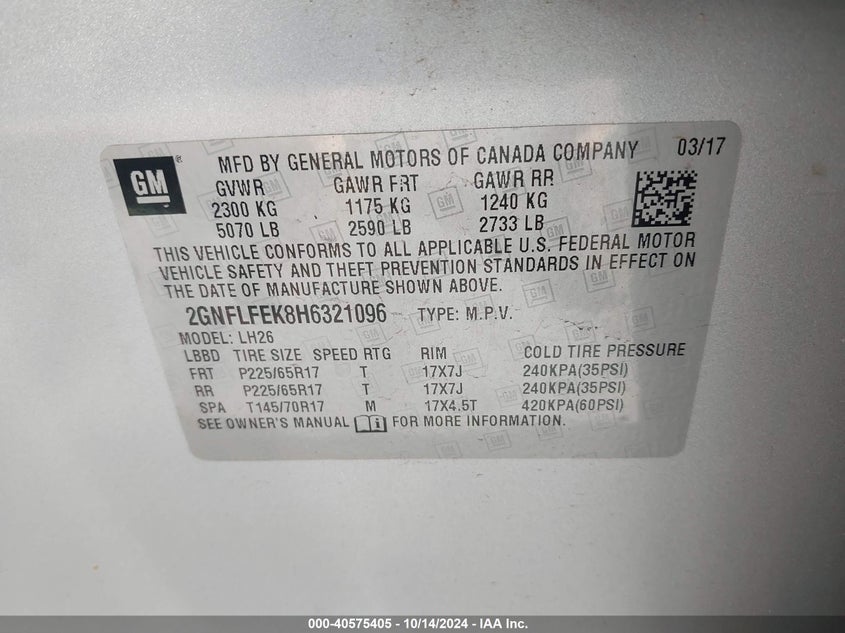 2017 CHEVROLET EQUINOX LT - 2GNFLFEK8H6321096