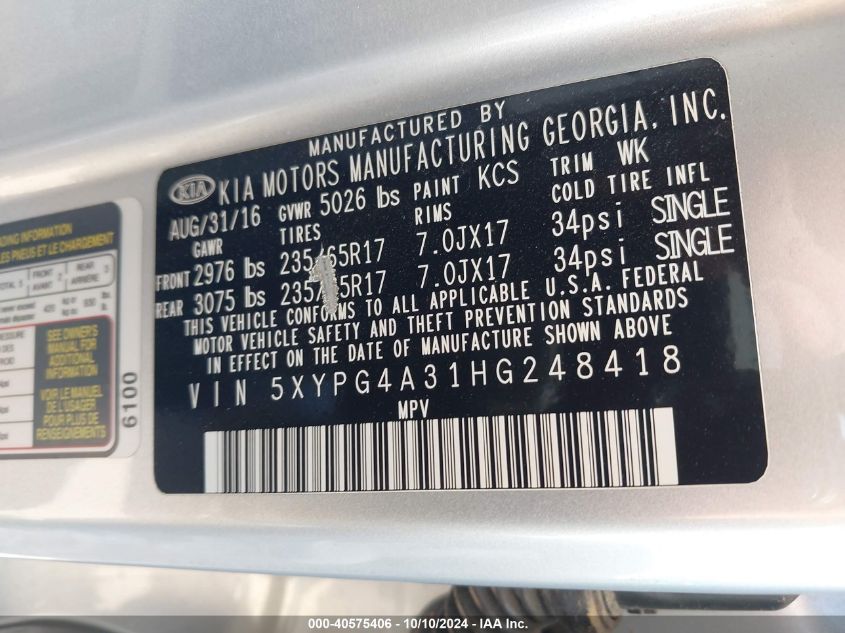 2017 KIA SORENTO 2.4L LX - 5XYPG4A31HG248418