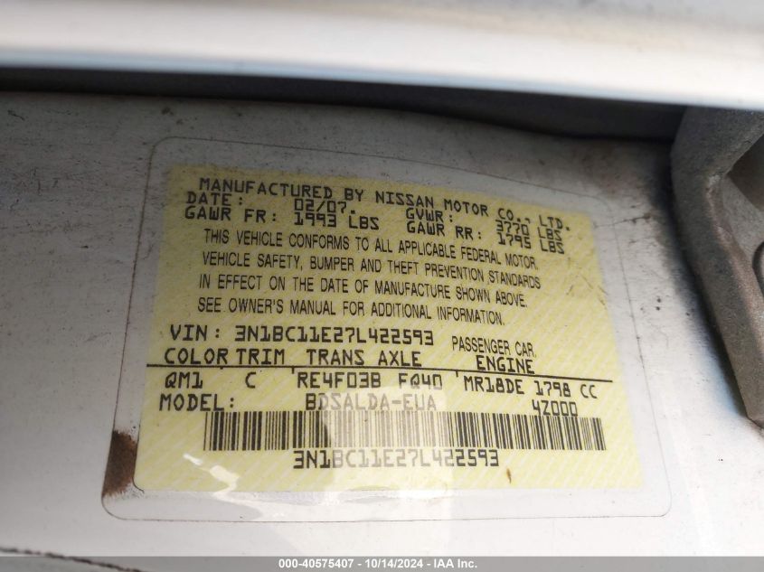 2007 Nissan Versa 1.8S VIN: 3N1BC11E27L422593 Lot: 40575407