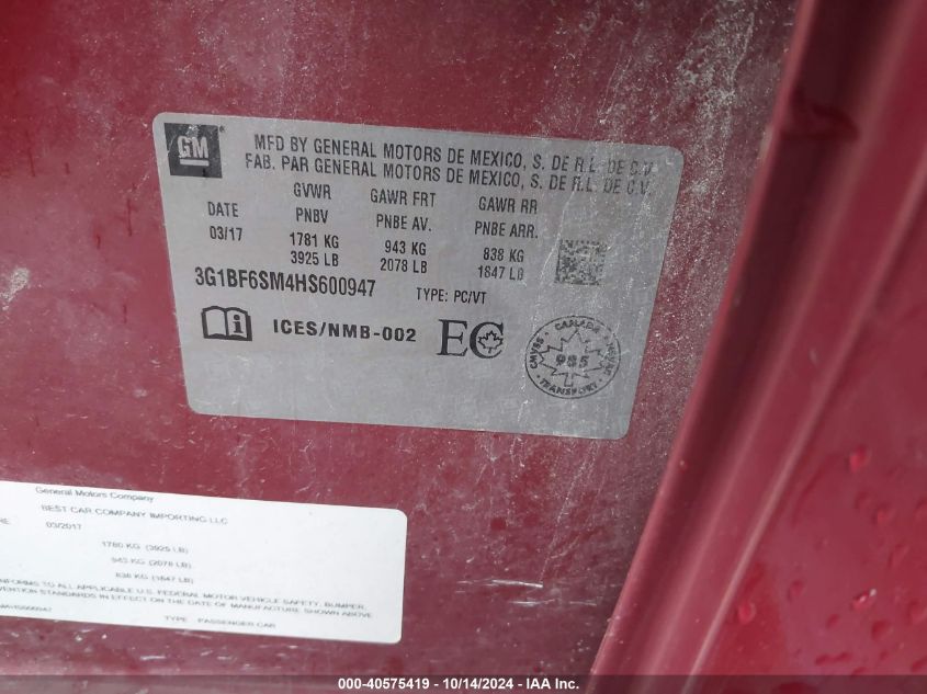 2017 Chevrolet Cruze Premier VIN: 3G1BF6SM4HS600947 Lot: 40575419