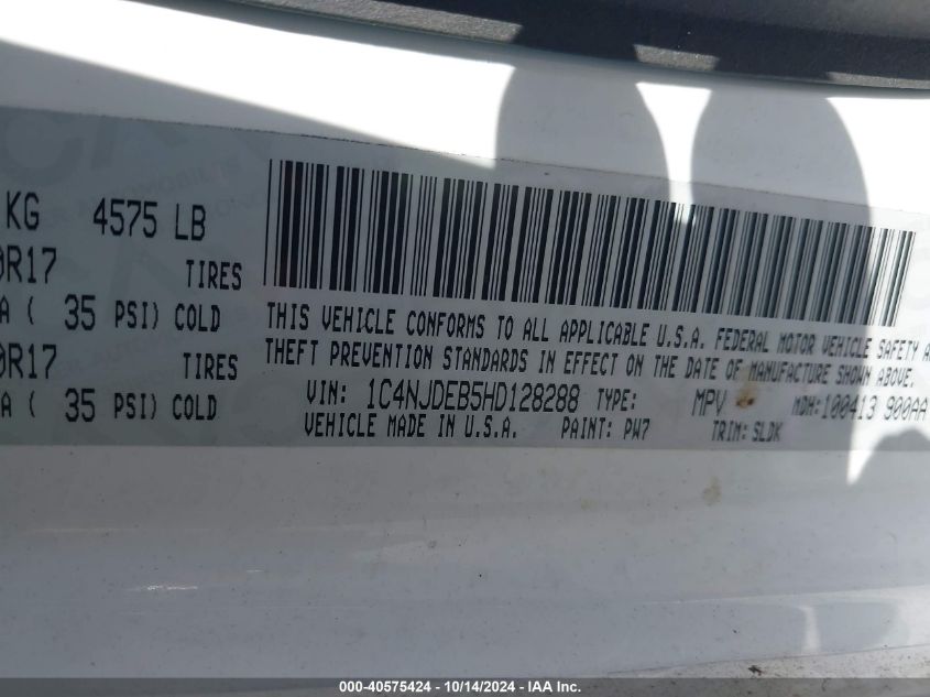 2017 Jeep Compass High Altitude 4X4 VIN: 1C4NJDEB5HD128288 Lot: 40575424
