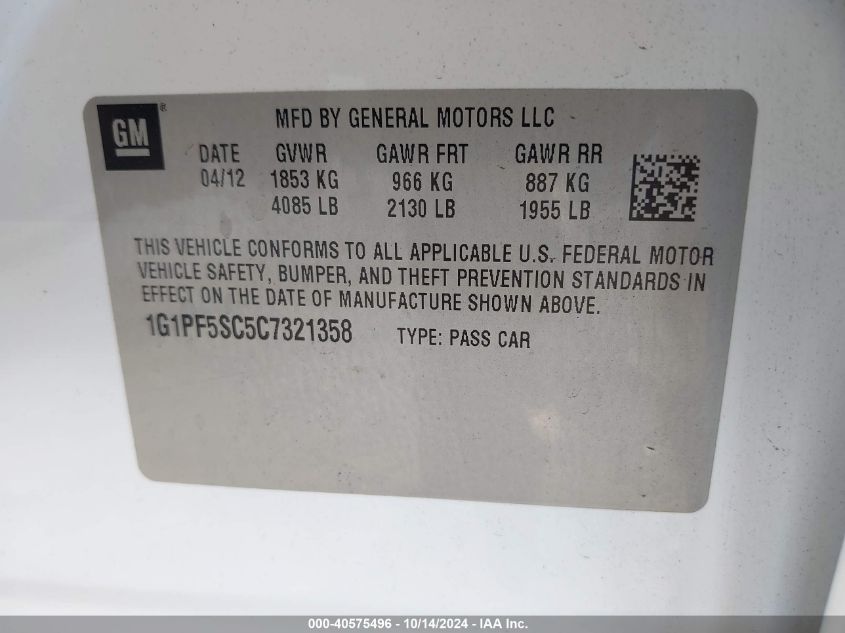 2012 Chevrolet Cruze 1Lt VIN: 1G1PF5SC5C7321358 Lot: 40575496