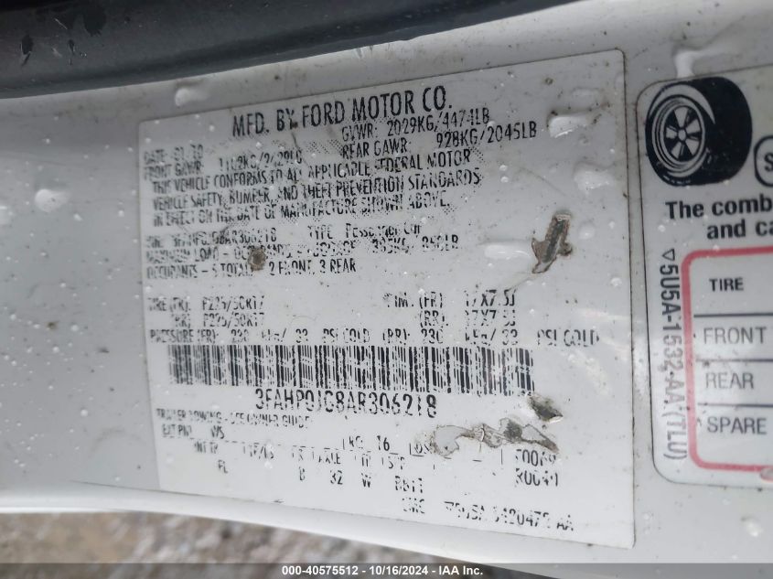 2010 Ford Fusion Sel VIN: 3FAHP0JG8AR306218 Lot: 40575512