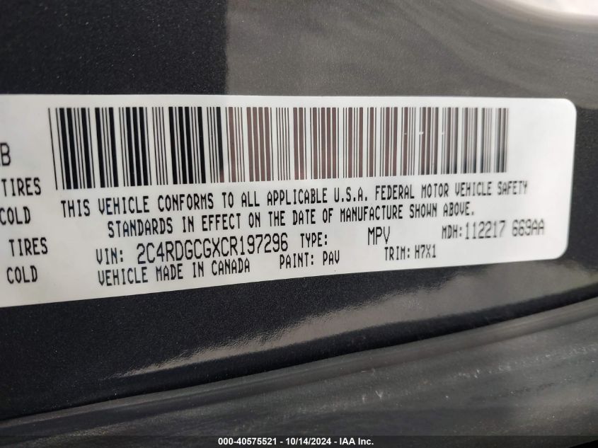 2012 Dodge Grand Caravan Sxt VIN: 2C4RDGCGXCR197296 Lot: 40575521