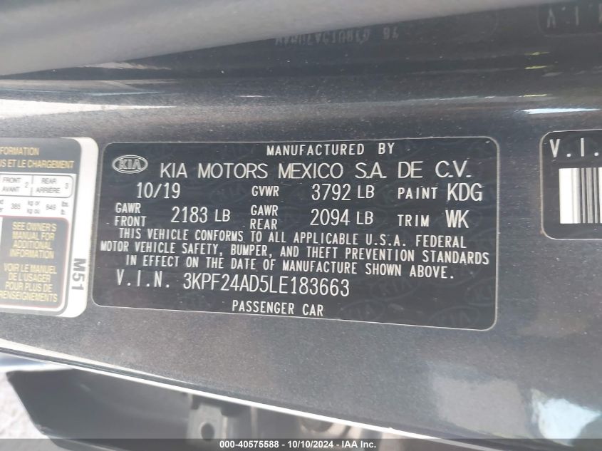 3KPF24AD5LE183663 2020 Kia Forte Lxs