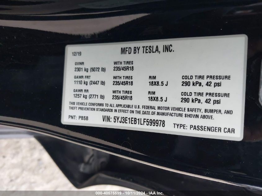 2020 Tesla Model 3 Long Range Dual Motor All-Wheel Drive VIN: 5YJ3E1EB1LF599978 Lot: 40575599