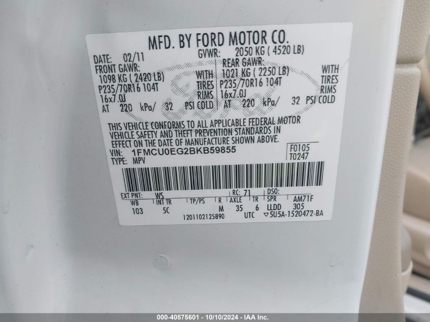 1FMCU0EG2BKB59855 2011 Ford Escape Limited